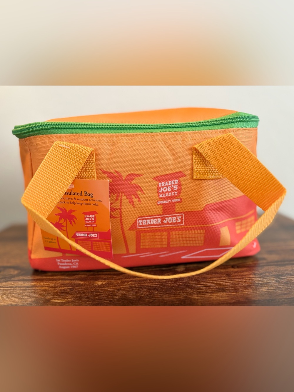 Trader Joe's Mini Insulated Tote Bag Summer Neon Orange Lime Green Zipper NWT